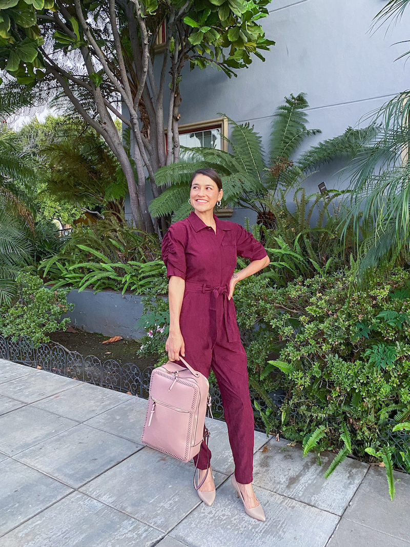 burgundy joie jumpsuit and ally shoes